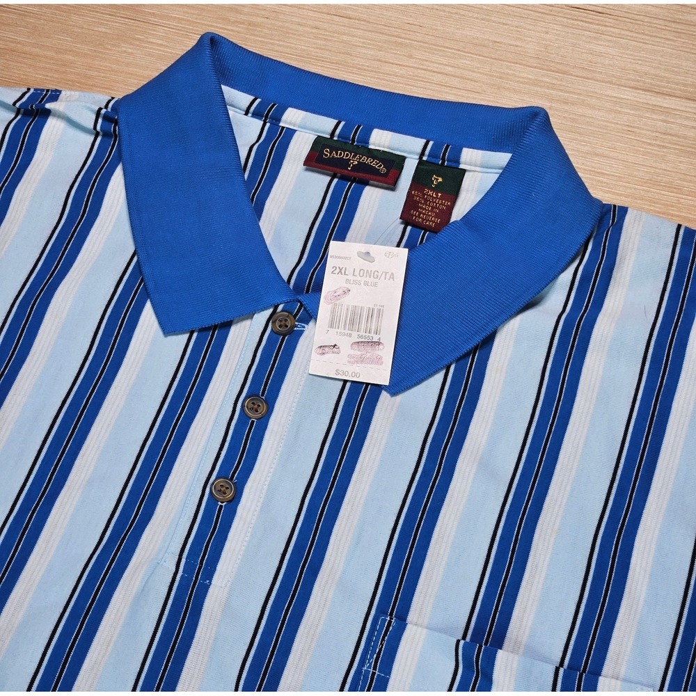 Saddlebred Polo Shirt Mens 2XLT Blue Striped Short Sleeve Pocket NEW